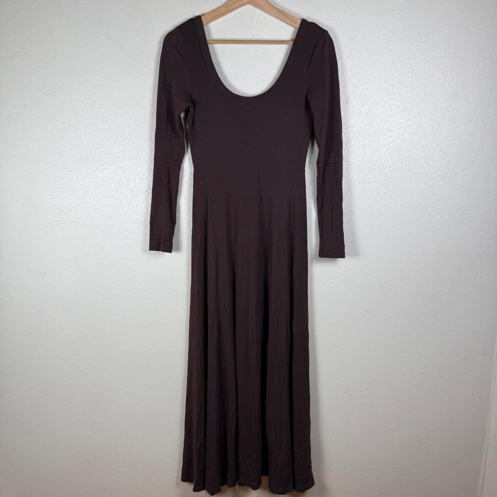 Marine Layer Brown Ribbed Scoop Neck Long Sleeve Maxi Dress XS